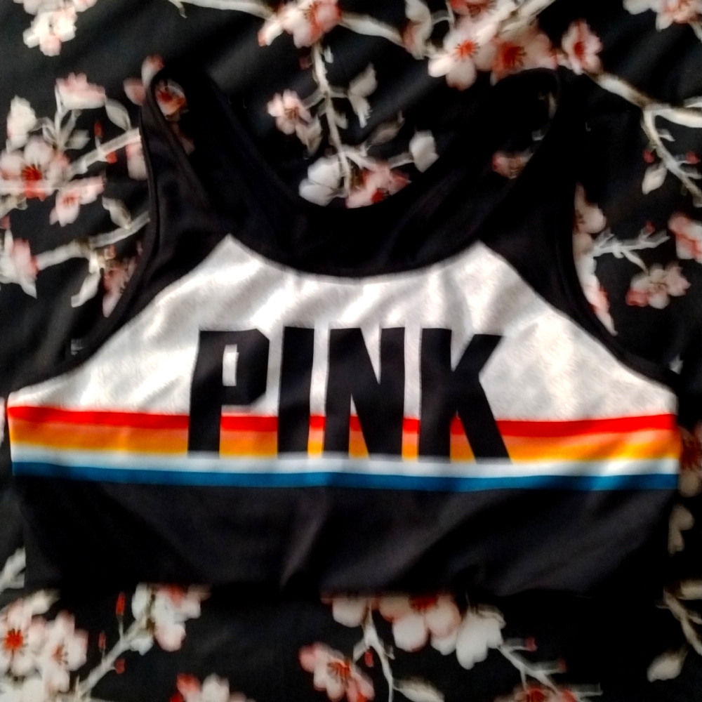 Women's PINK ULTIMATE Victoria's Secret sports bra striped size L NEW